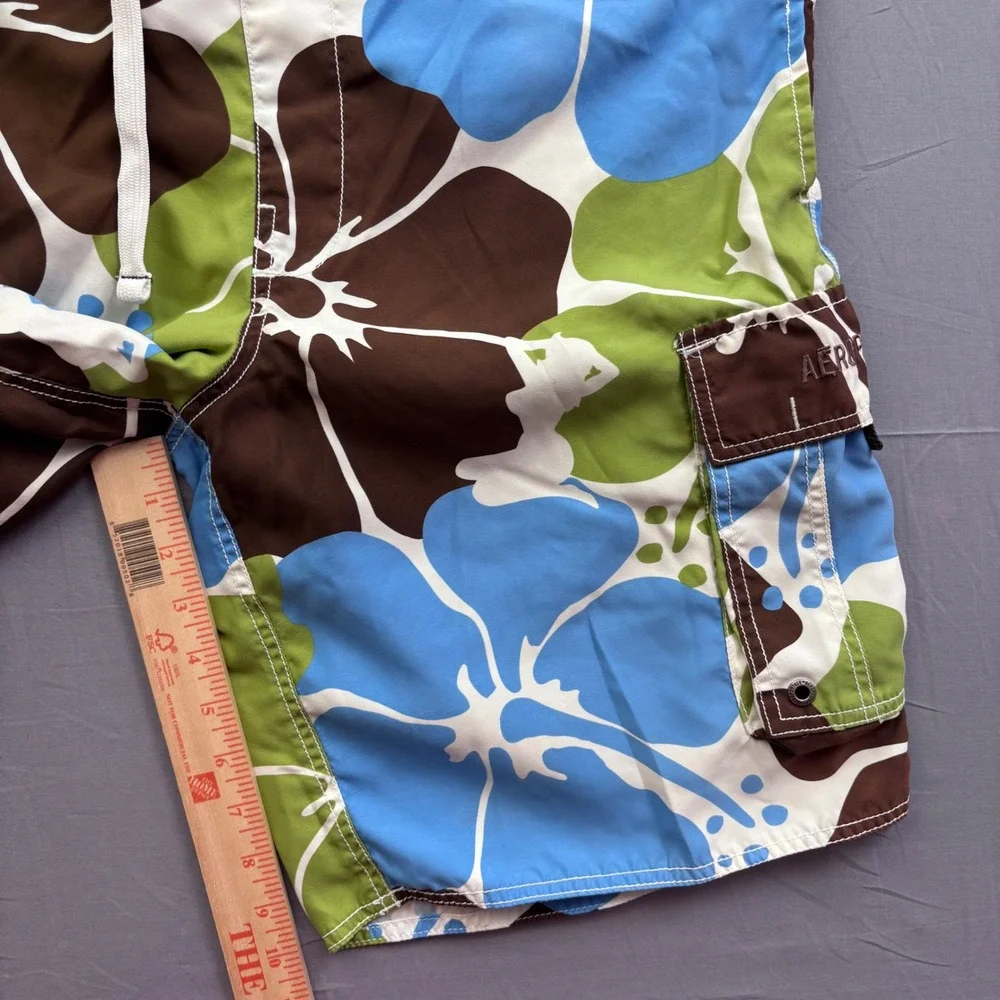 Aeropostale Mens Board Shorts Blue Brown Green Hibiscus Floral Cargo Trunks M